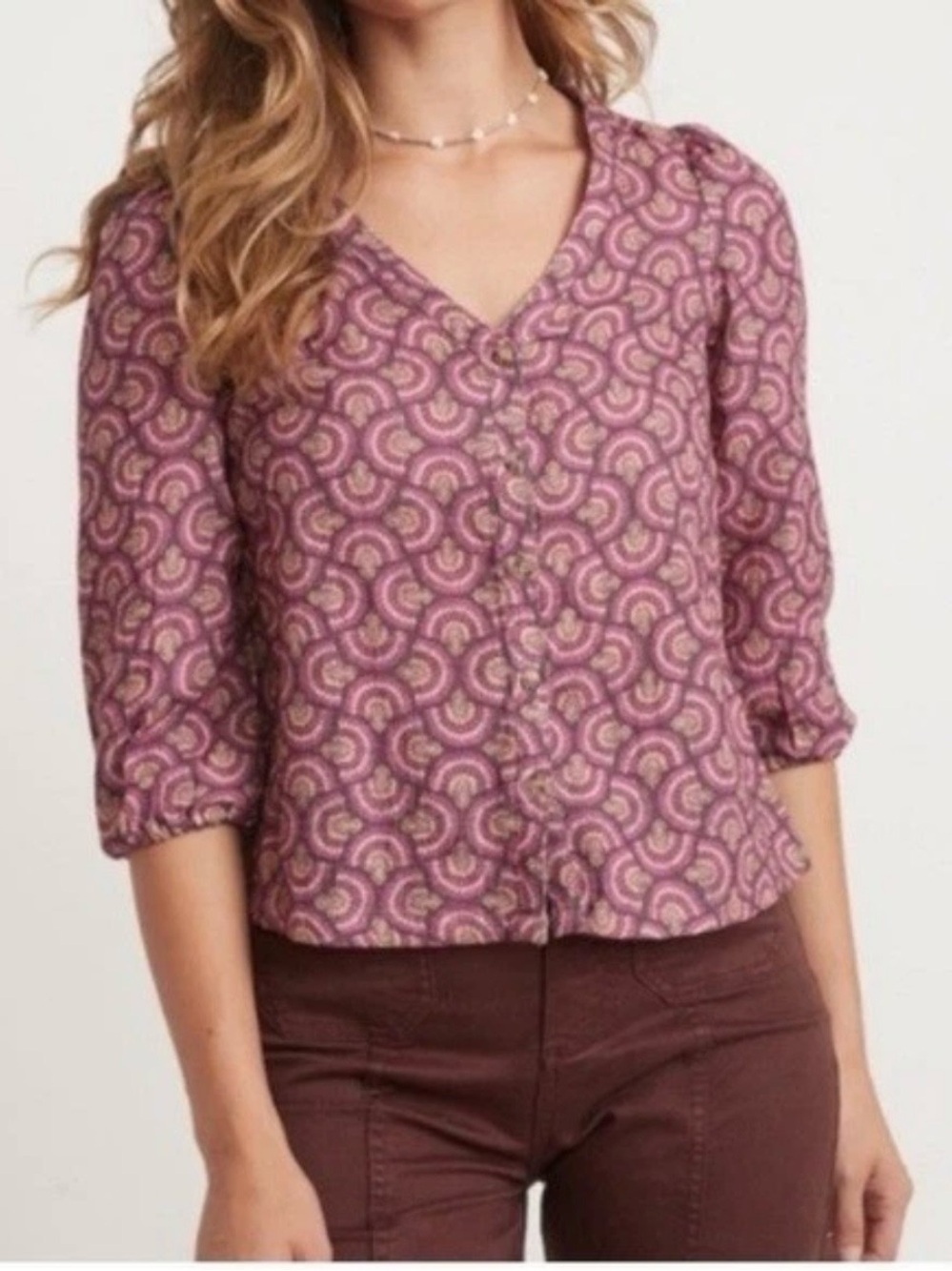 Marine Layer Colette Doublecloth Shirt Women's M Pink Geometric Cotton Top NWT